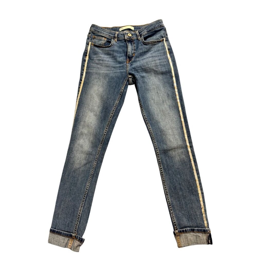 Zara Z1975 Skinny Jeans Denim Side Stripe Mid Rise Cuffed Ankle Blue Women SZ 06